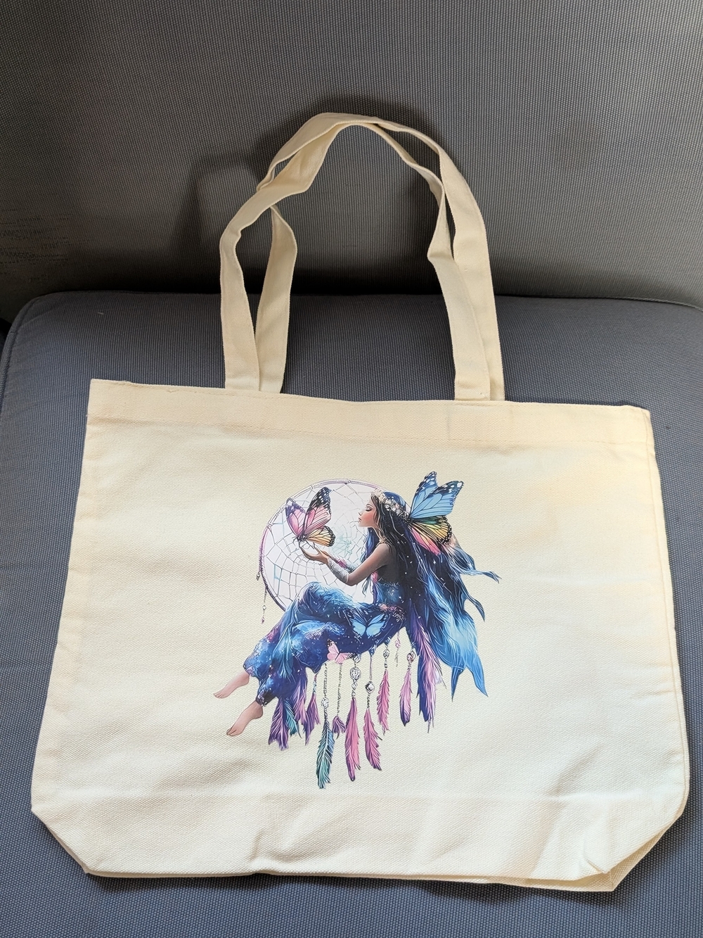 Canvas Tote Bag with Blue Fairy & Dreamcatcher Print - Unbranded